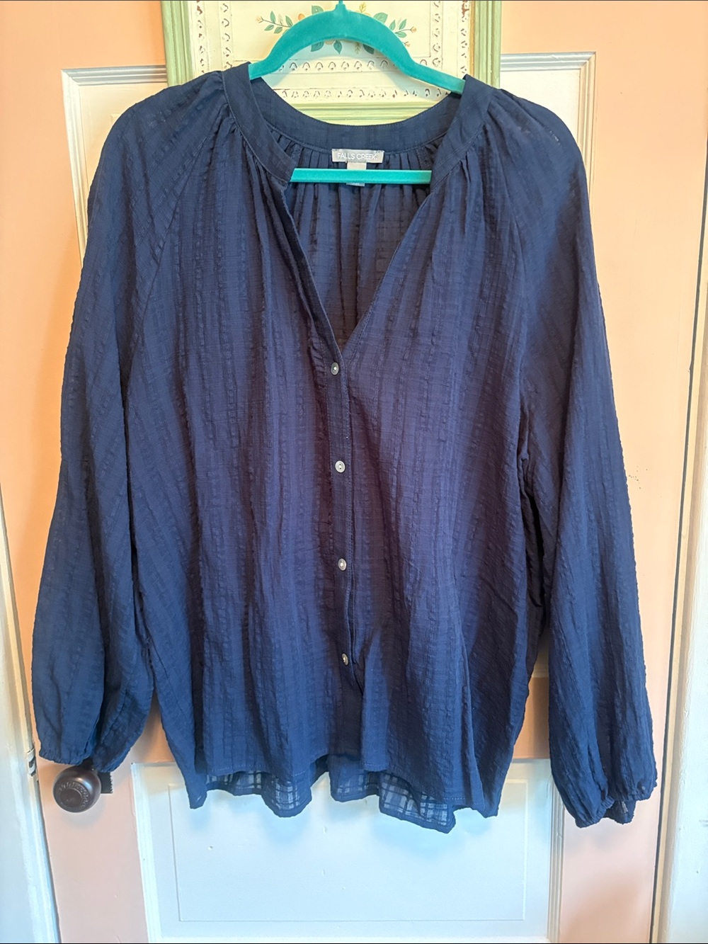 Falls Creek Navy Button-Front Lightweight Textured Blouse